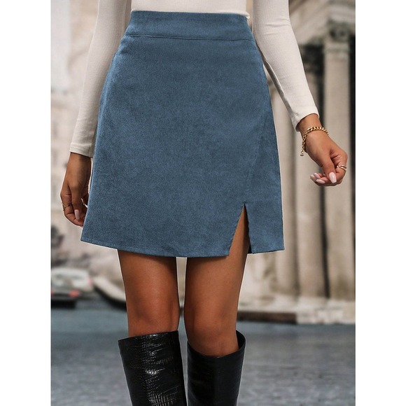 Minimalist High Waist Split Hem Corduroy mini Skirt - Picture 5 of 12